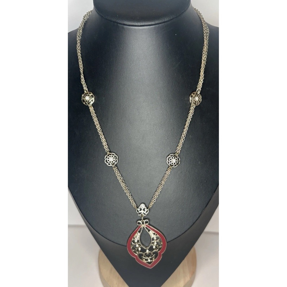 White House Black Market WHBM Necklace Silver Tone Burgundy Enamel Pendant 20"